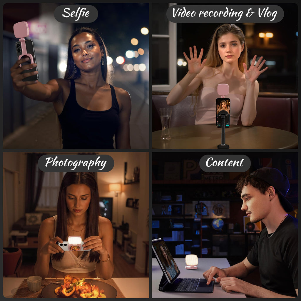 Cocobeen Magnetic Selfie Light for Phone: 5 Led Mode with Mirror Compatible for iPhone & Android - Rechargeable Portable Fill Light for Photography/Video Recording/Conference/Vlog/Makeup（Pink