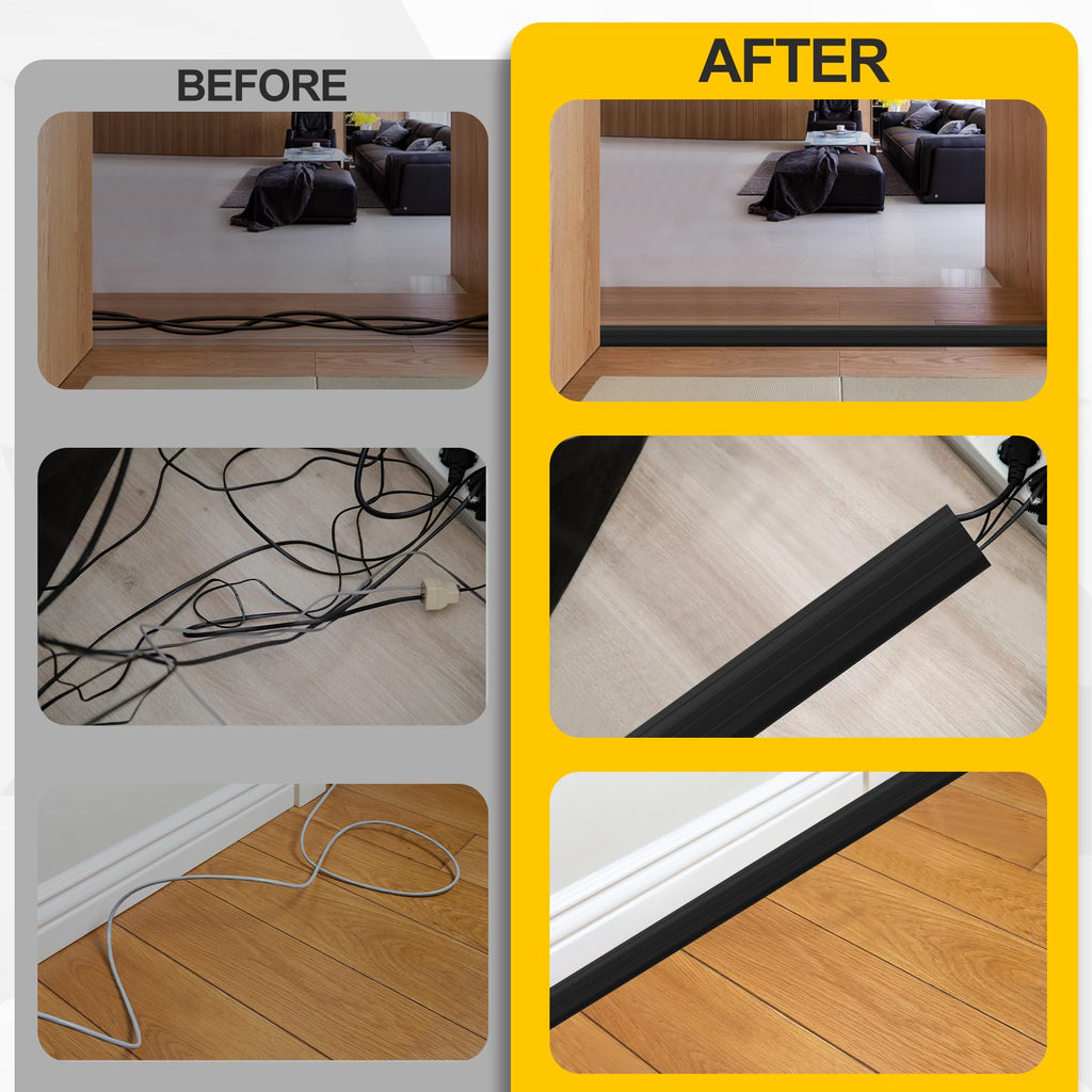 Floor Cable Cover 10Ft 2Pcs Heavy Duty PVC Cable Protector Electric Cord Hider Management Strip Extension Cord Covers Raceway for Wires Inner Channel 1.36" W x 0.43" H - Black