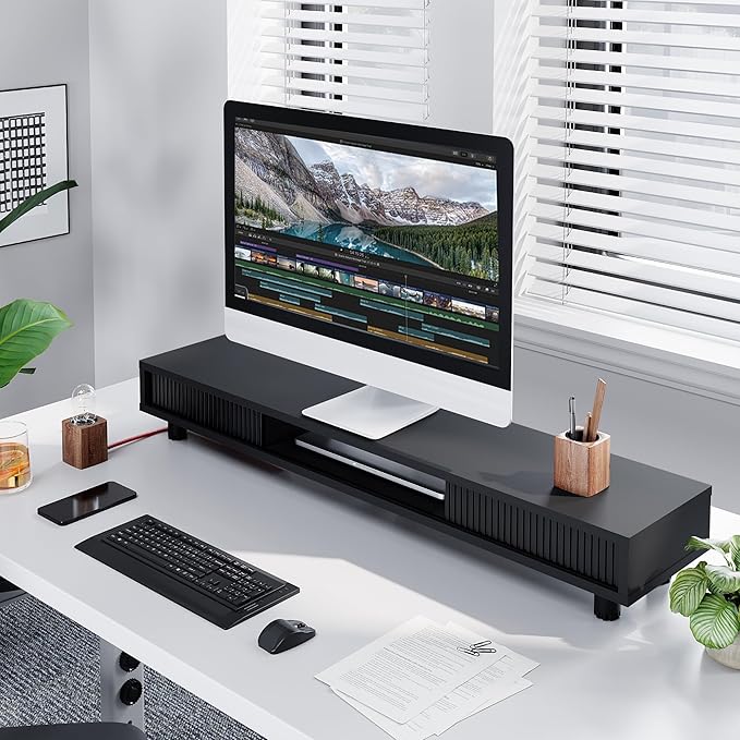 Fenge Dual Monitor Stand with Storage, Desk Shelf with Glass Sliding Door