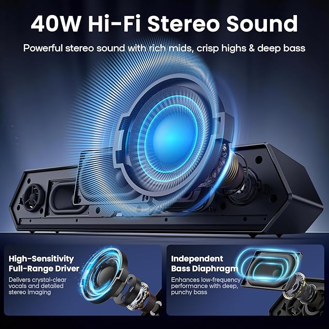 Deeyaple Computer Speakers, 40W Wireless Soundbar for Desktop PC with Bluetooth 5.3 & USB Audio, Dynamic RGB Lighting, Software Custom EQ, External Power Adapter Gaming Speakers, Laptop, Xbox (Black)