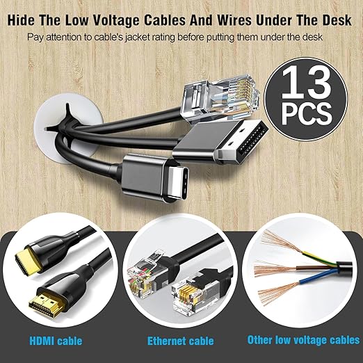 1" White Desk Grommet, JTemgle Flexible Cable Grommet with Bi-Metal Hole Saw Cross Rubber Cable Hole Cover Wire Organizer Caps Desktop Cord Management for Home Office TV Stands Tabletops, 13 Pieces