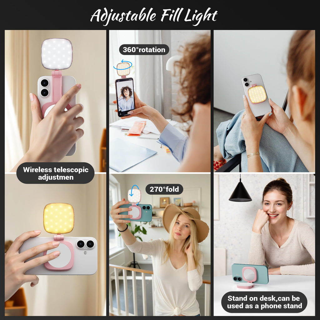Cocobeen Magnetic Selfie Light for Phone: 5 Led Mode with Mirror Compatible for iPhone & Android - Rechargeable Portable Fill Light for Photography/Video Recording/Conference/Vlog/Makeup（Pink