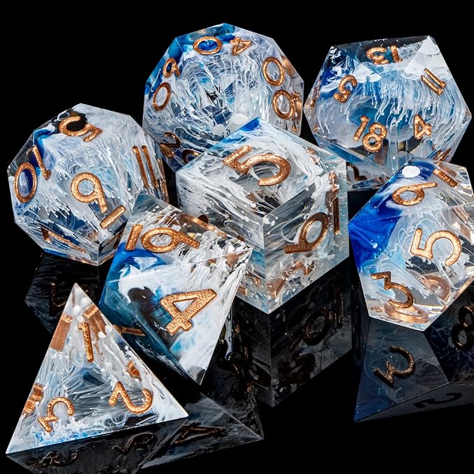 ARUOHHA Blue DND Resin Dice Set 7PCS Translucent Handmade RPG Polyhedral Sharp Edge Dice Set with Gift Box, Glitter Inclusions D and D Dice D20 D12 D10 D8 D6 D4