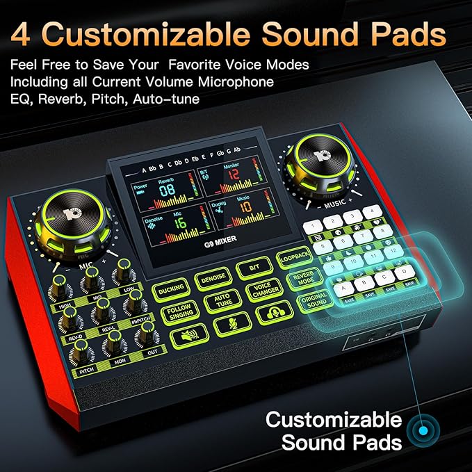 Audio mixer, suitable for live streaming, singing, and gaming on computers/phones; podcast mixer with real-time sound card, noise reduction function, and one-click mute function
