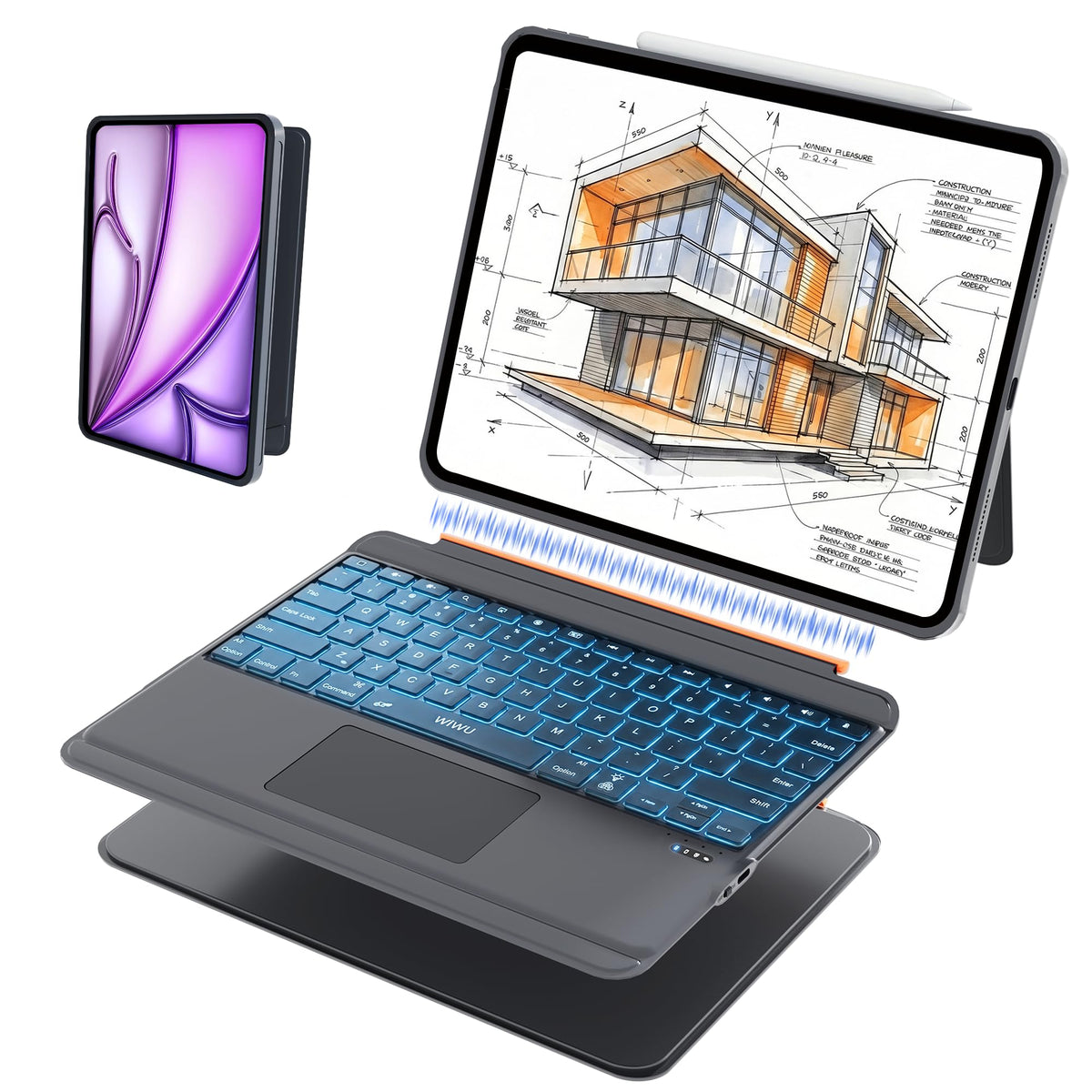 WIWU for iPad Case Keyboard for Air 13 Inch M4/M3/M2 2026/2025/2024 Magnetic Detachable Keyboard Case Adjustable Stand 7 Colours Backlit Keys Trackpad (Black, for Air 13"(M3/M2) Pro 12.9" 6/5/4/3)