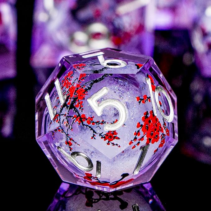 Plum Blossom DND Dice Purple Liquid Core Dice Set with Metal Box, Handmade Sharp Edge Dice D and D Polyhedral Dice for use with D&D RPG Role Playing Game