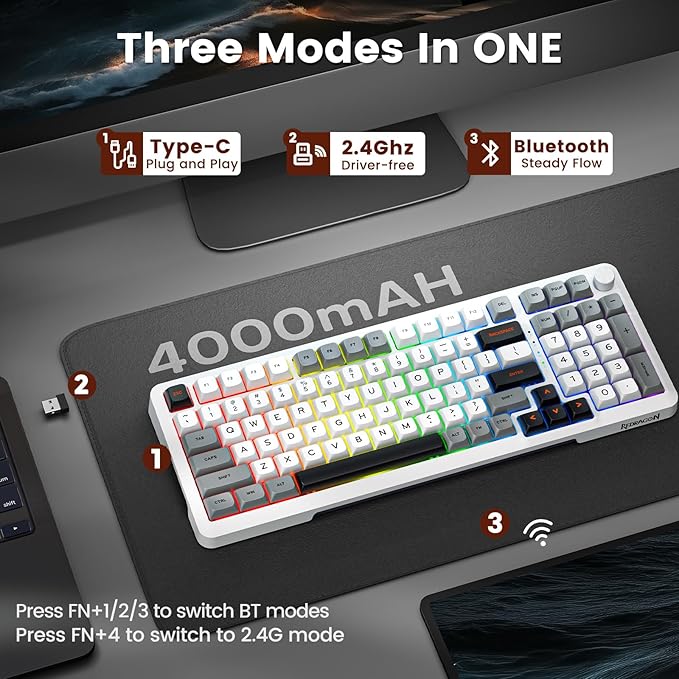 Redragon Wireless Mechanical Keyboard, 3 Mode Gasket Mounted RGB Gaming Keyboard with Volume Knob, Pre-Lubed Linear Switches, MDA-Profile, 98 Keys Hot Swappable Creamy Keyboard for Pc/Tablet/Xbox Blue