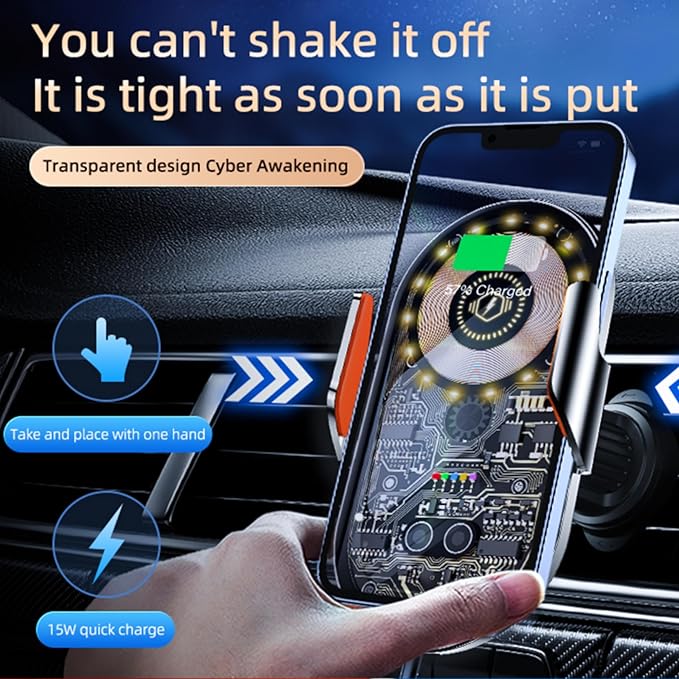 HOLIKLJY Car Phone Holder, Wireless Car Charger Air Vent Auto-Clamp Cell Phone Car Mount with Metal Hook Clip, 360° Rotation - One Button Release for iPhone, Samsung, Google, and All Other Smartphones