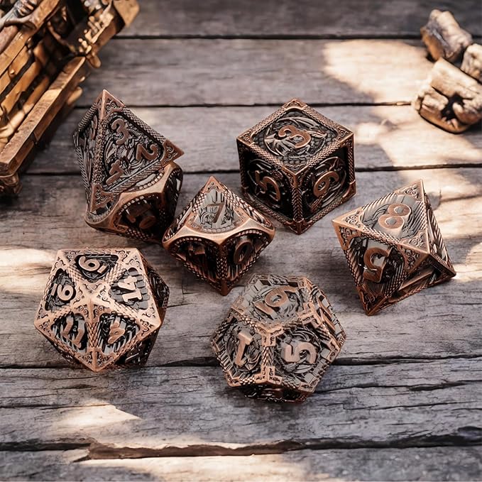 PJOY Metal DND Dice Set D&D Dragon Dice Copper with Metal Case D and D Dice for Dungeons and Dragons TTRPG Gifts