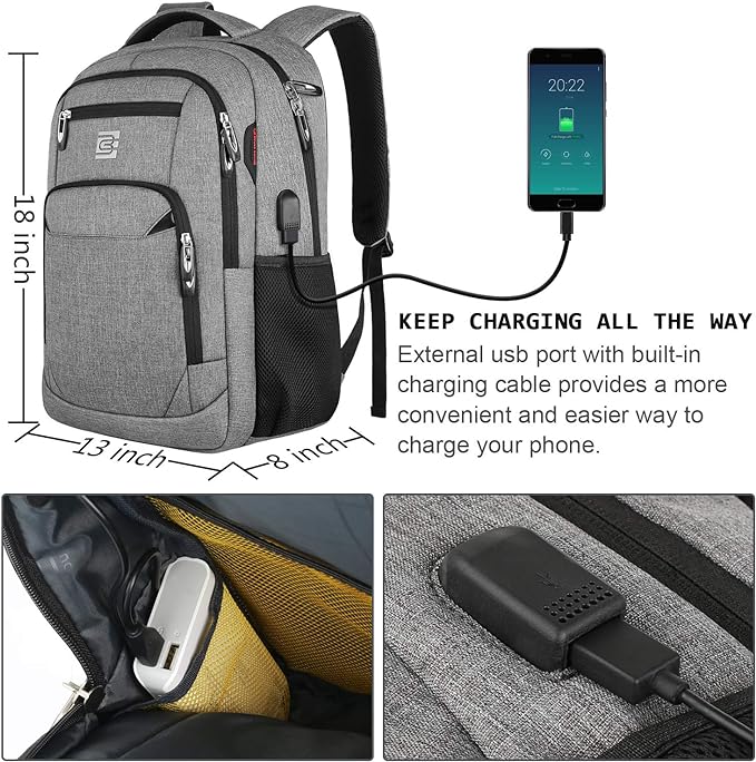 Laptop Backpack,Business Travel Anti Theft Slim Durable Laptops Backpack with USB Charging Port,Water Resistant College Computer Bag for Women & Men Fits 15.6 Inch Laptop and Notebook - Grey