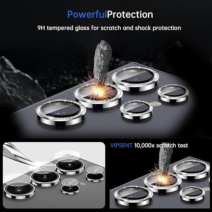 For Samsung Galaxy S25 Ultra Camera Lens Protector, Individual Lens Protector, Ultra HD 9H Tempered Glass Screen Protective Cover, Anti-scratch, Military Grade Drop Protection 2 Set. (Glitter Silver, S25 Ultra)