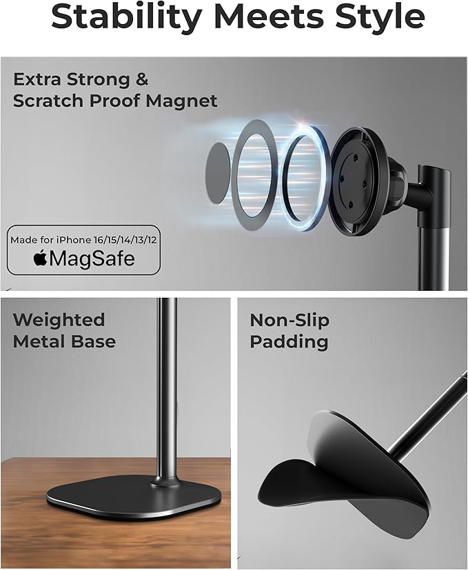 Cooper MagStand - Adjustable Magnetic iPhone Stand for Desk & Phone Holder for Video Recording, Compatible with MagSafe, Stand for iPhone 16 Pro Max, 15/14/13/12, Small Mag Safe Tripod (Night Black)