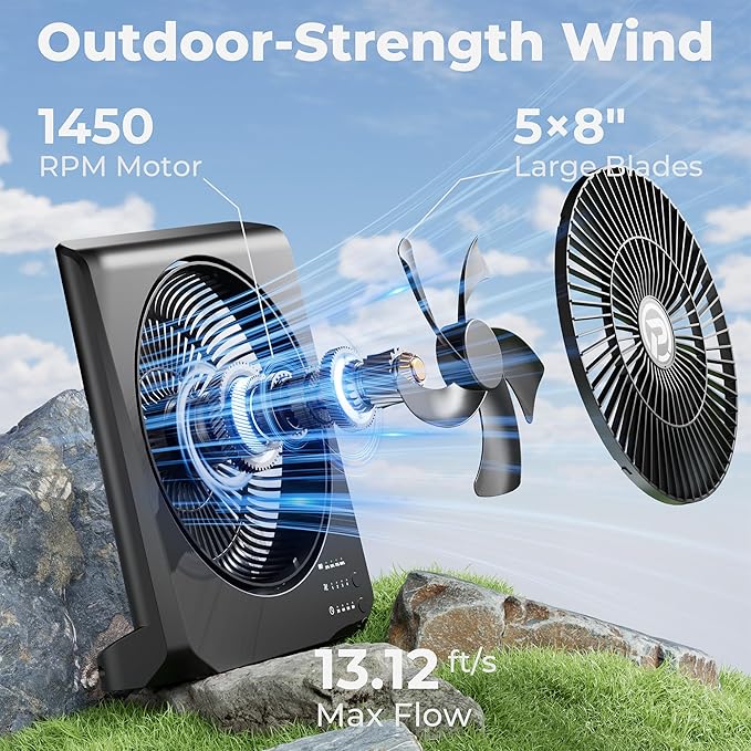 PANERGY 20000mAh Rechargeable Battery Powered Fan - 10" Square Box Fan with 55H Runtime, 4 Speeds & Timer, 270° Pivot, Cordless & Portable for Home, Patio, Camping, Travel, Power Outages (No Remote)