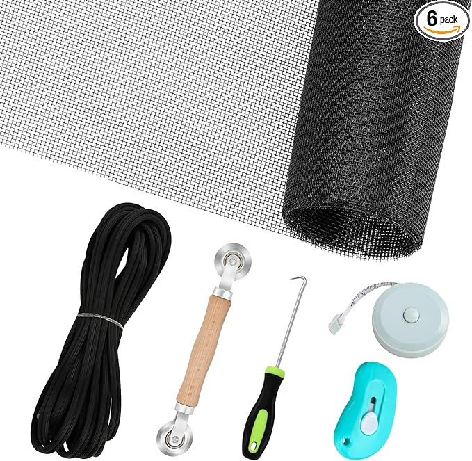 Windows Screen Replacement and Screen Door Repair Kit, 6Pcs Window Screen Fiberglass Mesh Kit - Window Screen & Screen Door Mesh & Screen Porch Repair Kit (Black, 48" x 118")