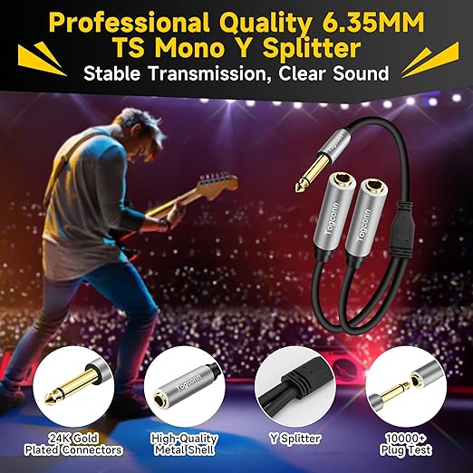 1/4 inch TS Mono Splitter Y Adapter, 6.35mm Mono Male to Dual 6.35 mm TS Mono Female Jack, Quarter inch Audio Speaker Splitter Converter Cable 1 Feet, Gold Plated Connectors