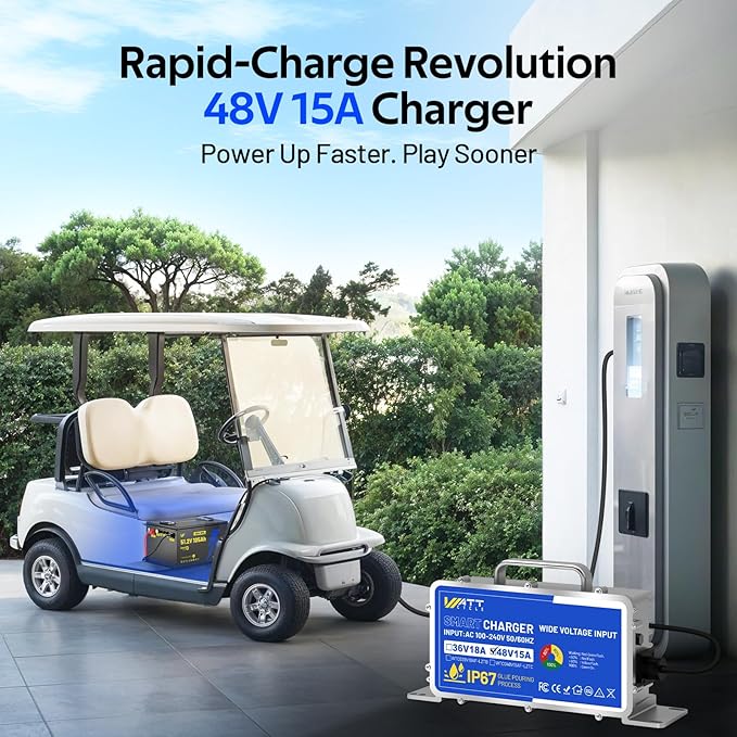 WattCycle 48V 105Ah Golf Cart Batteries, 48V Lithium Battery 250A BMS with 15A Charger, IP65 Waterproof Marine Batteries, LiFePO4 Battery 15000+ Deep Cycles, Built-in Bluetooth, Perfect for RV, Solar