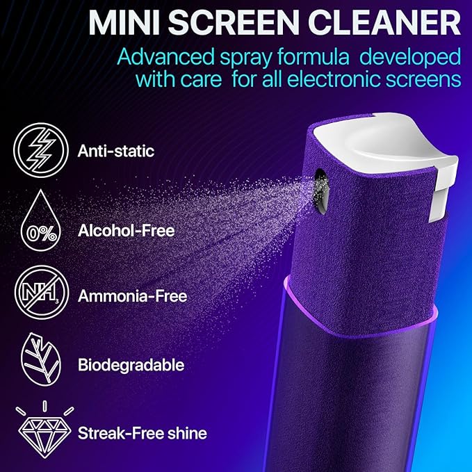 Mini Screen Cleaner Spray – Finger Proof Screen Cleaner for Smartphones, iPads, MacBooks, Laptops, Car Screens, Touchscreens – 3in1 Mist Cleaner, Microfiber Cloth and Protective Cover (Green)