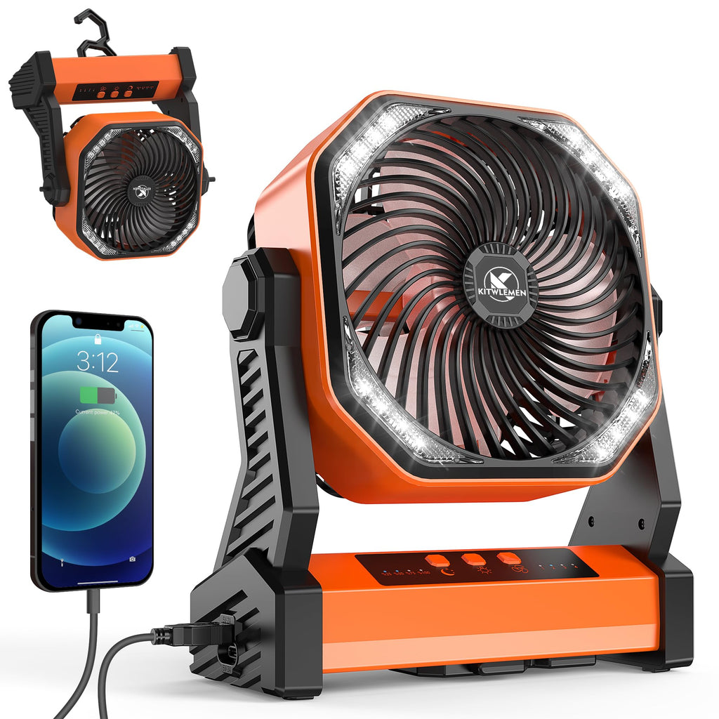 KITWLEMEN 20000mAh Battery Powered Camping Fan - 110H Max Cooling, Rechargeable Battery Operated Desk Fan with 4 Speeds, Soft Light & Hanging Hook, Portable for Tent Outdoor Hurricane Power Outage