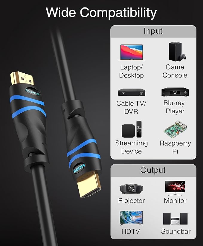 BlueRigger 8K HDMI Cable (6FT - 5 Pack, 8K 60Hz HDR, 4K 120Hz, High Speed 48Gbps with Ethernet, eARC, 3D, HDCP 2.3) - Compatible with PS5, Xbox, Roku, Apple TV, Switch, PC