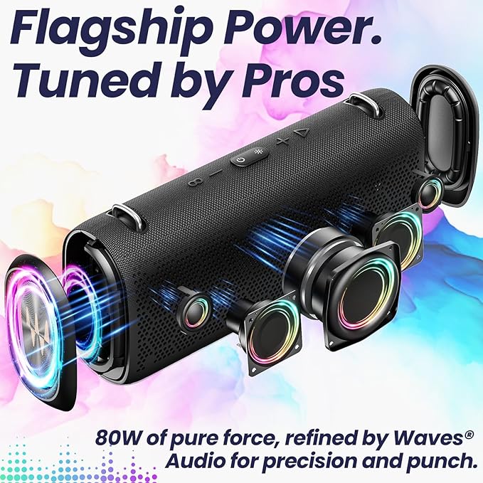 Vibe Pro Outdoor Bluetooth Speaker, 80W Peak Loud Portable Wireless Speaker, Waterproof IPX65, Deep Bass, RGB Lights, Studio Quality Sound Powered by Waves Audio, Party & Pool Ready (Black)