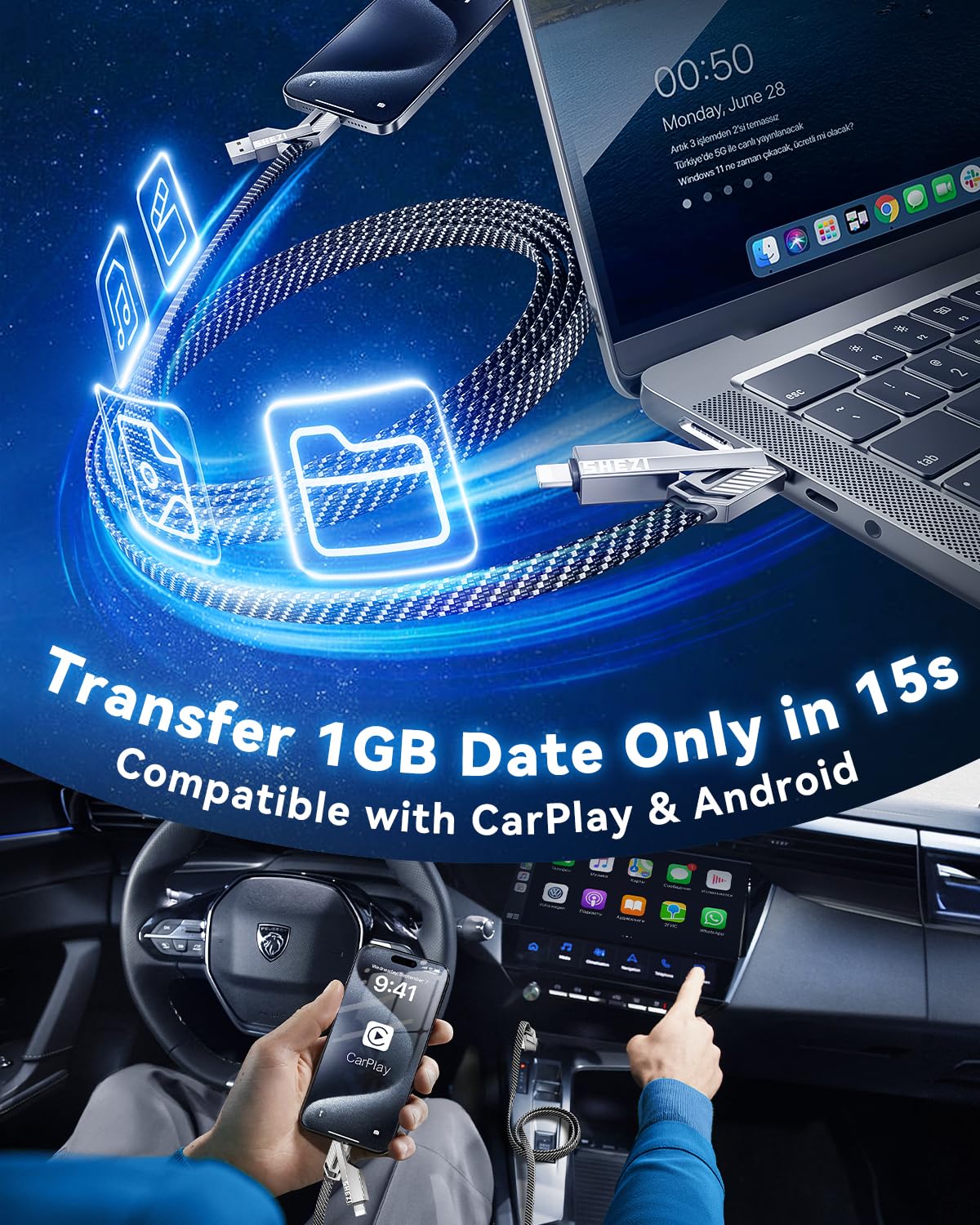 Jixivor 5FT 4 in 1 Multi Charging Cable, 60W USB A/C to C/Lightning Cable Combo, Support High-Speed Charging & Fast Data Transfer, CarPlay & Android Auto, Multi Charger Cord for iPhone/Samsung/iPad