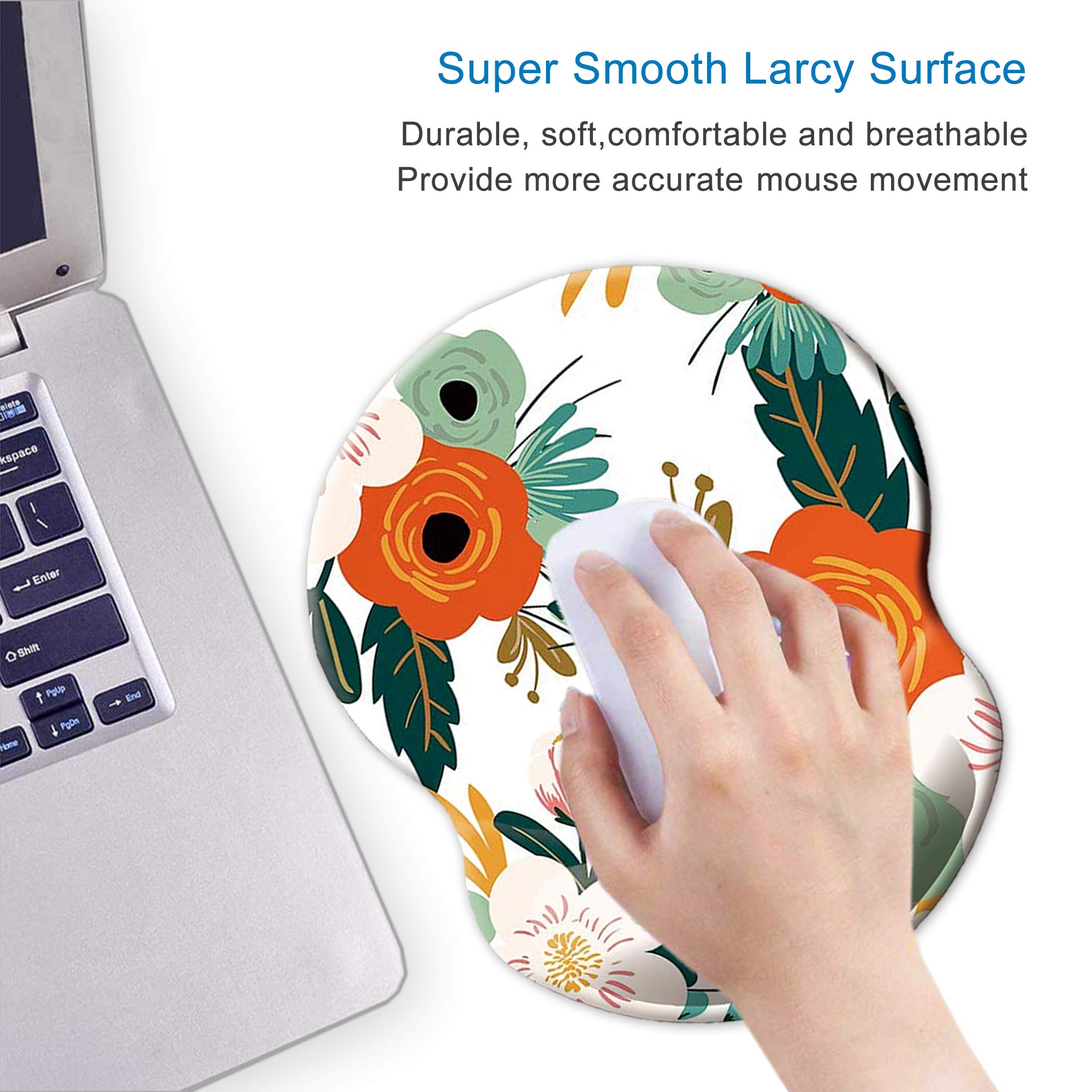 ITNRSIIET Ergonomic Mouse Pad with Gel Wrist Support Small Wrist Rest Smooth Surface Non-Slip PU Base Comfortable Office Supplies Pain Relief, 8.7 x 7.2 inches, Orange Flower