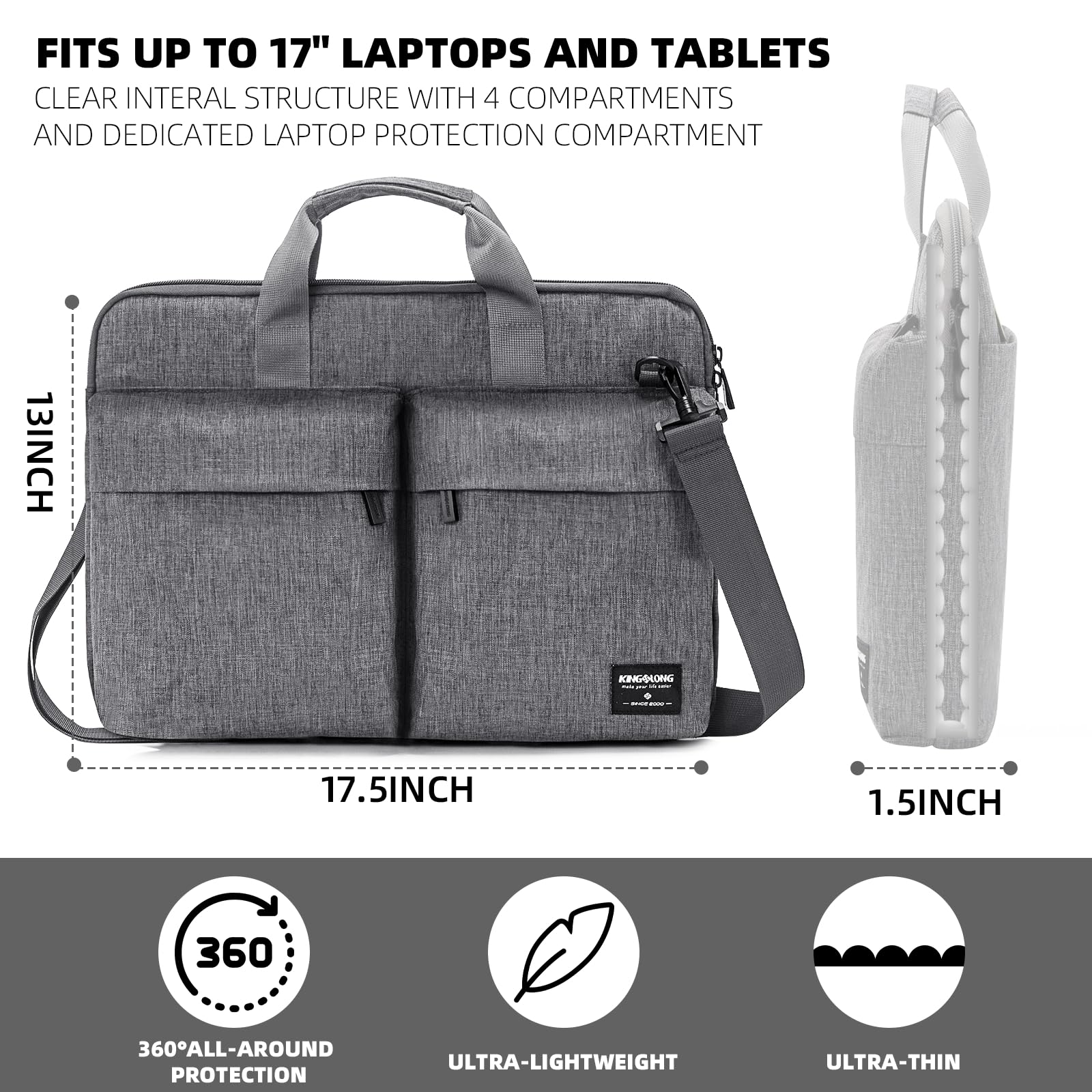 KINGSLONG Slim 17.3 inch Laptop Bag Sleeve Carrying Case with Shoulder Strap, Notebook Ultrabooks Computer Handbag Cover for Men Women Fit for Acer Asus Lenovo HP Toshiba Grey