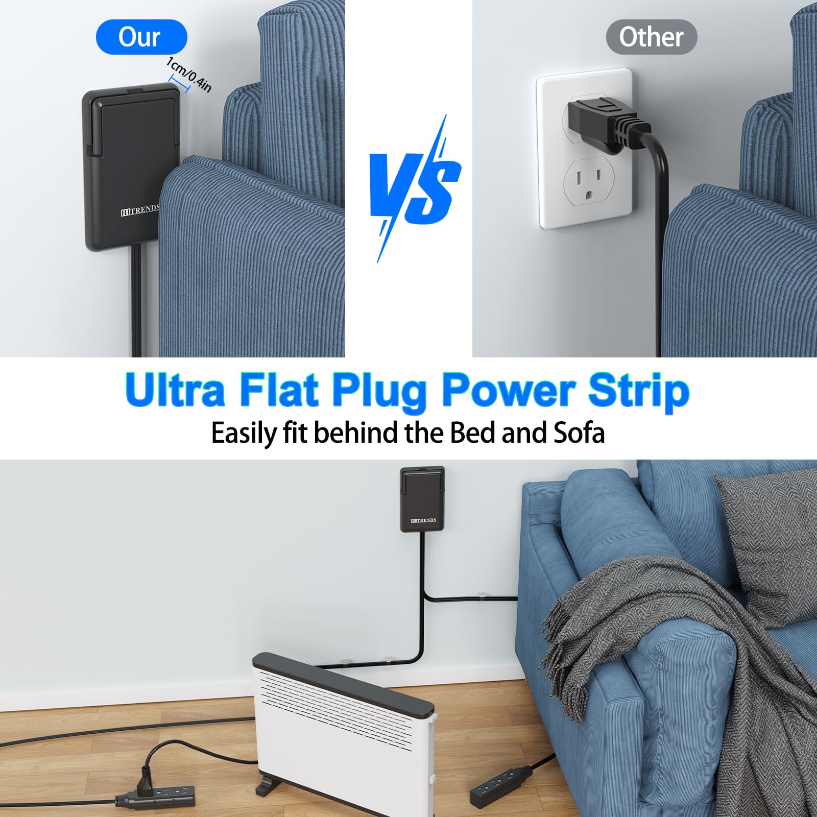 6ft Flat Plug Dual Extension Cord with 6 Outlets, Outlet Cover Extension Cord Flat Wall Plug, Pull Tab Design Outlet Extender, Flat Power Strip Outlet Concealer, Child & Pet Safe, 1875W, Black