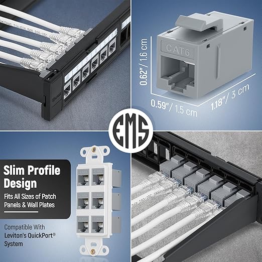Everest Cat6 RJ45 Keystone Coupler (6-Pack) in Gray - RJ45 Coupler - Cat 6 Couplers - Female to Female Cat6 Keystone Jacks - Ethernet Couplers - Ethernet Cable Extender