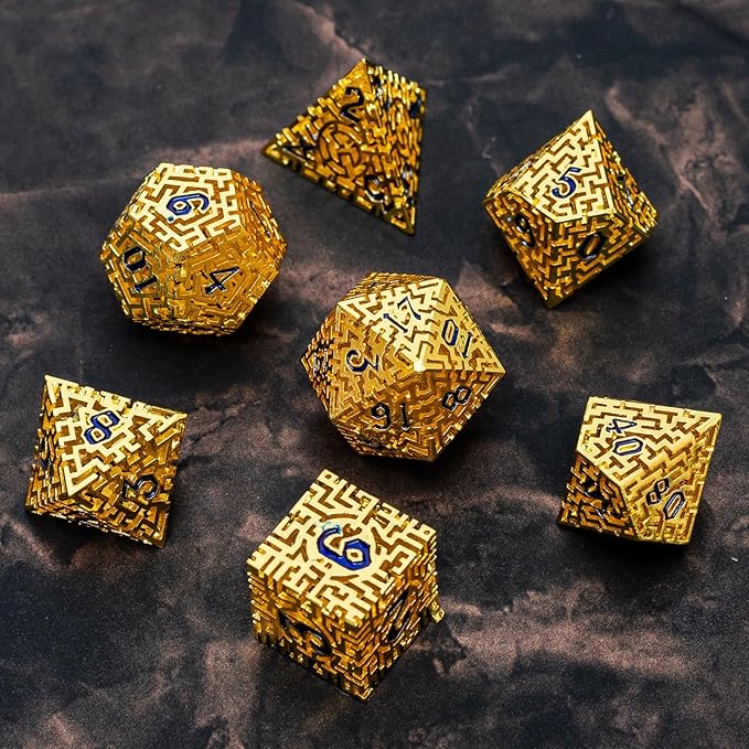 Golden Metal Hollow DND Dice Set (Paladin) Metallic Luster Maze Design with Storage Box - Balanced Weight 7 Piece Zinc Alloy, Designed for Dungeons and Dragons DM Player RPG Accessories