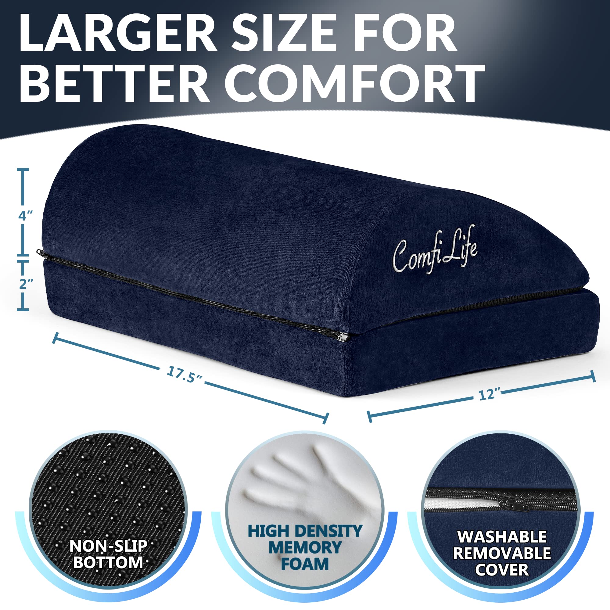 ComfiLife Foot Rest for Under Desk at Work – Adjustable Desk FootRest for Office Chair, Gaming Accessories – Ergonomic Teardrop Design for Back, Hip & Leg Pain Relief – 100% Memory Foam (Navy)