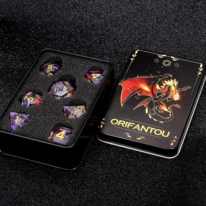 Butterfly DND Dice Purple Liquid Core Dice Set with Metal Box, Handmade Sharp Edge D and D Polyhedral Dice for use with D&D Role Playing Game, D20 D12 D10 D8 D6