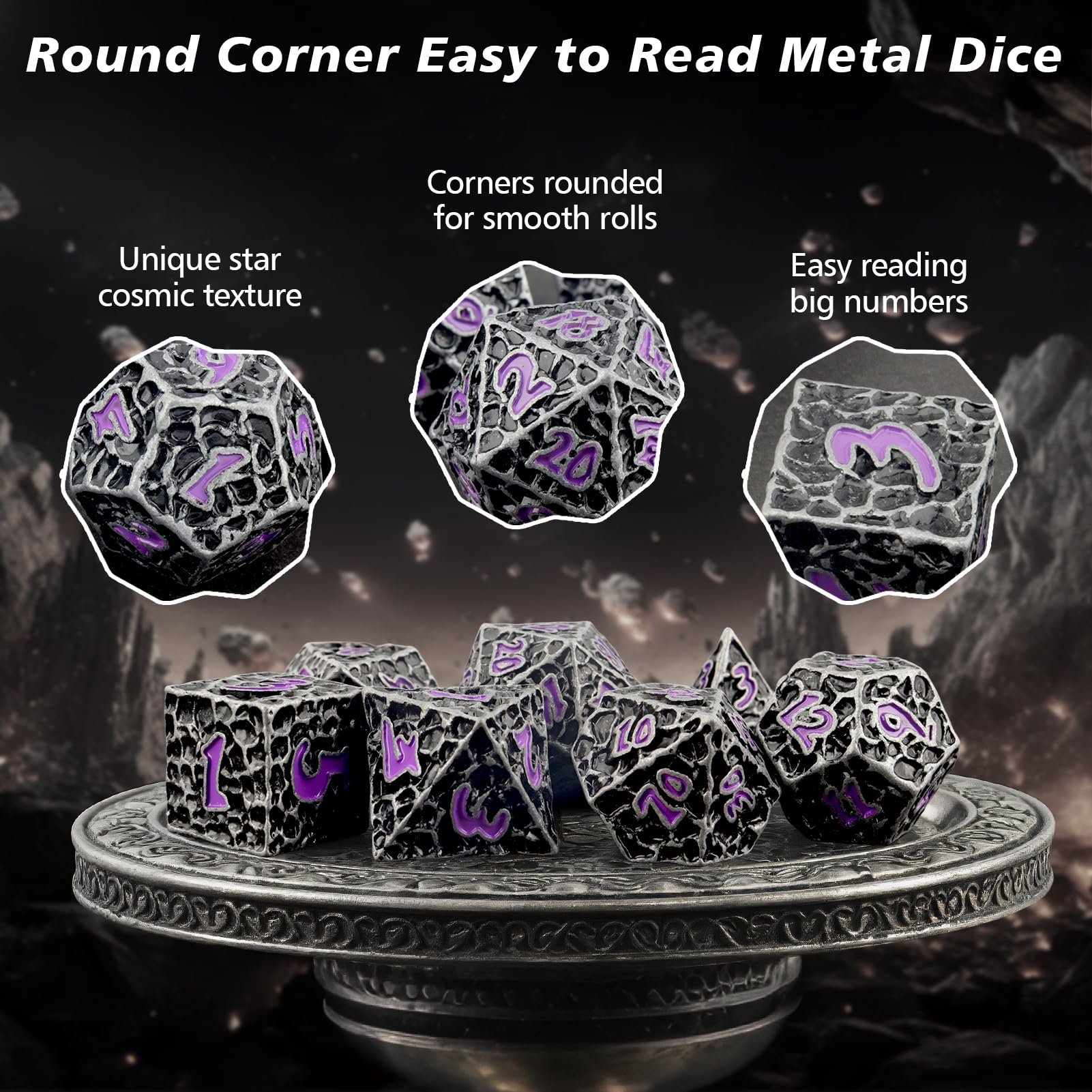 PJOY Metal Dice Set D&D for Dungeons and Dragons Dice with Case Meteorite Iron Purple 7PCS 16mm Role Playing Cool DND Gifts for Players DM Board Game Masters Wizards