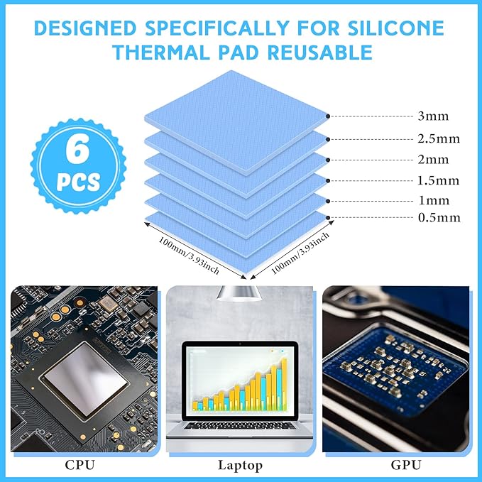 Frienda 6 Pcs Thermal Pad 100 x 100 mm, 0.5 mm, 1 mm, 1.5 mm, 2 mm, 2.5 mm, 3 mm Heat Resistant Conductive Silicone Thermal Pads Conductivity 6.0 W/M for Laptop Heatsink CPU GPU LED Cooler(Blue)