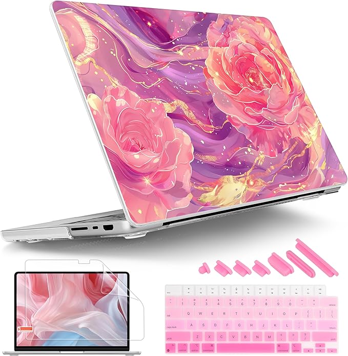 Tuiklol for MacBook Pro 14 Inch Case 2024-2021 Release M4 A3112 A3401 A3185/M3 A2918 A2992/M2 A2779/M1 A2442 Pro/Max,Hard Shell Case with Keyboard Cover & Screen Protector for Touch ID,Pink Roses