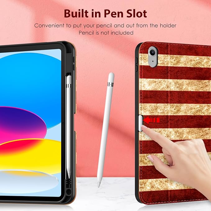 DTTO for iPad 11th (A16)/ 10th Generation Case with Keyboard (2025/2022), 7 Colors Backlit Wireless Detachable Keyboard Leather Folio Cover with Pencil Holder & Pocket, US Flag