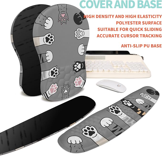 2-in-1 Ergonomic Set, Wave Rise Keyboard Wrist Rest and Massage Bulge Slope Mouse Pad Wrist Support, Cushion Memory Foam Integrated to Relieve Wrist Pain, Cute Cat Paws