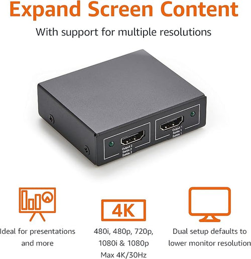Amazon Basics HDMI Splitter 1 in 2 Out for Dual Monitors, 4K@30Hz, 1080P, Mirror Only, Black