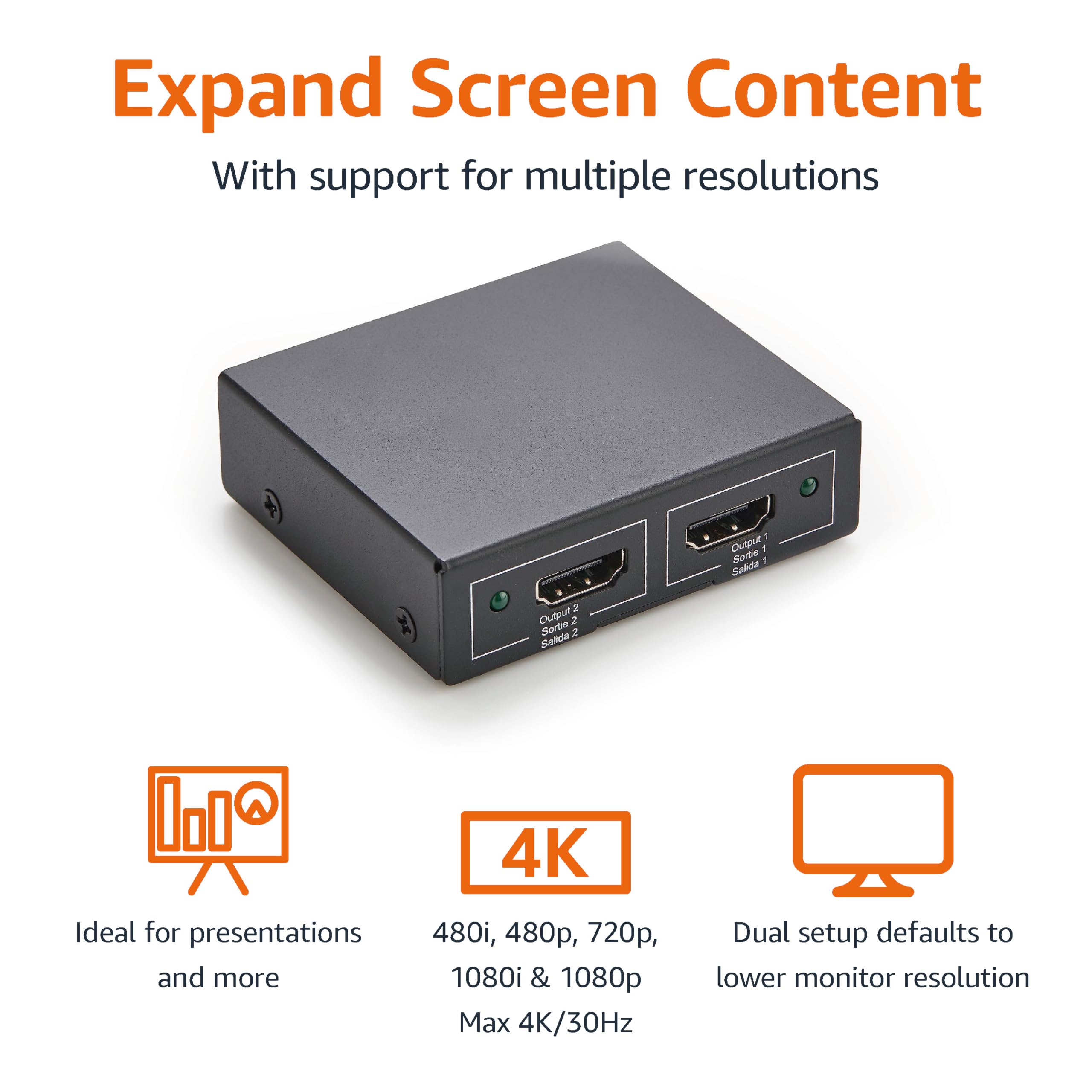 Amazon Basics HDMI Splitter 1 in 2 Out for Dual Monitors, 4K@30Hz, 1080P, Mirror Only, Black