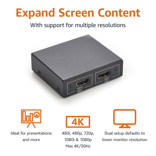 Amazon Basics HDMI Splitter 1 in 2 Out for Dual Monitors, 4K@30Hz, 1080P, Mirror Only, Black