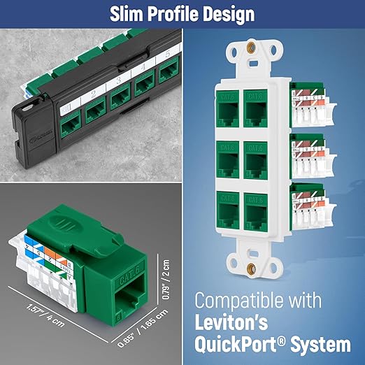 Everest 45° Angled RJ45 Cat6 Keystone Jacks 50-Pack in Green - Slim Profile Female RJ45 Connectors - Cat 6 Keystone Jack - Compatible with 45° Angled Speed Termination Tool - 45Term (B0BL3GS7ZY)