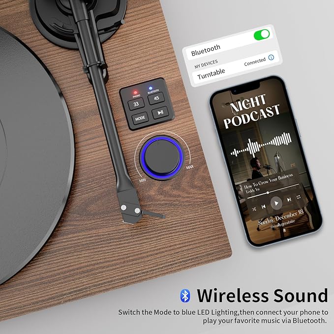 Bluetooth Turntable HiFi System with 36 Watt Bookshelf Speakers, Patend Designed Vinyl Record Player with Magnetic Cartridge, Bluetooth Playback and Auto Off