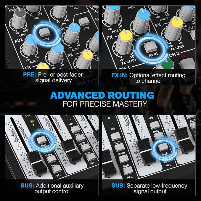 Professional 8-Channel Audio Mixer, Phenyx Pro DJ Sound Mixer Board w/Flexible AUX, BUS, SUB Routing, 16 DSP, BT Streaming & USB-B PC Recording, Mixing Console for Stage, Home Studio (PTL-800)