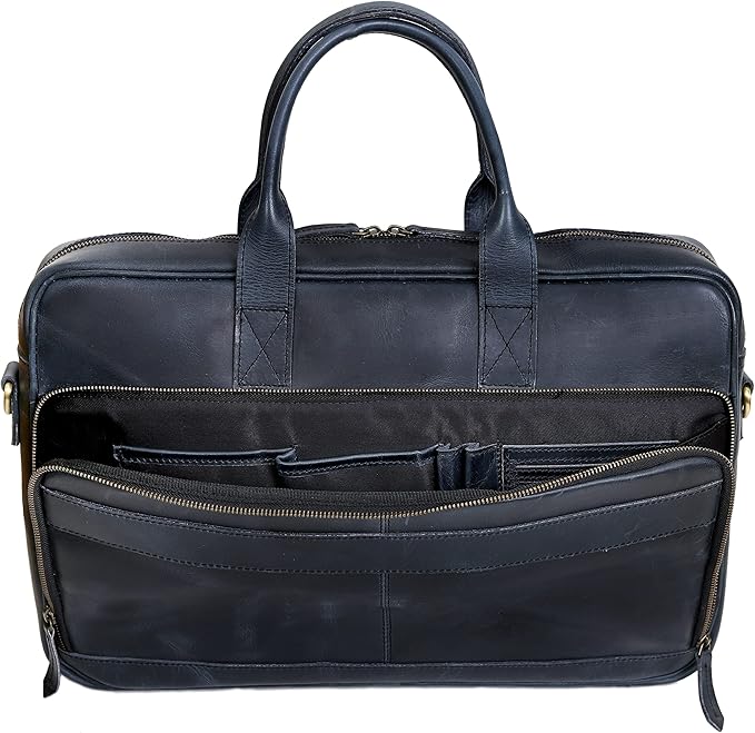 Vintage Handmade Leather Travel Messenger Office Crossbody Bag Laptop Briefcase Computer College Satchel Bag (16" Blue)