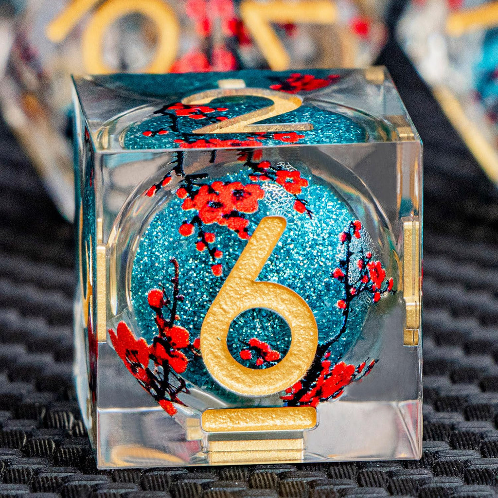ARUOHHA DND Resin Dice Plum Blossom Liquid Core Dice Golden Blue Sharp Edged Polyhedral Dragons Dice Set with Gift Box, Dungeons D and D Dice Role Playing Game D20 D12 D10 D8 D6 D4