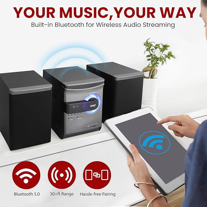 Pyle Home Stereo Shelf System - 30W Wireless BT Streaming with CD Player, FM Radio, USB & SD Card Playback, 2-Way Music Crisp-Sound, Remote Control, Dual Stereo Speakers (Black), PHSKR24