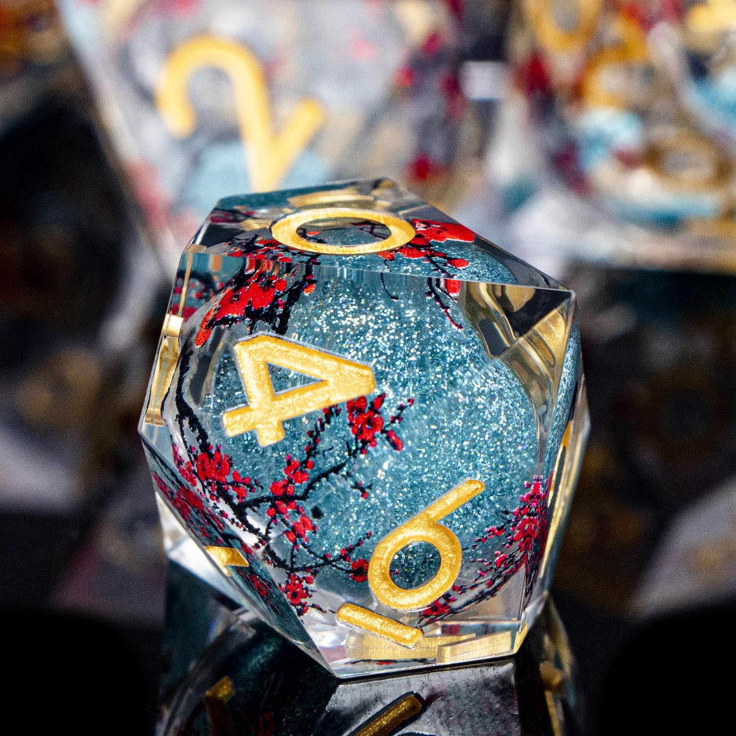 ORIFANTOU Plum Blossom DND Dice Blue Liquid Core Dice Set with Metal Box, Handmade Sharp Edge Dice D and D Polyhedral Dice for use with D&D RPG Role Playing Game