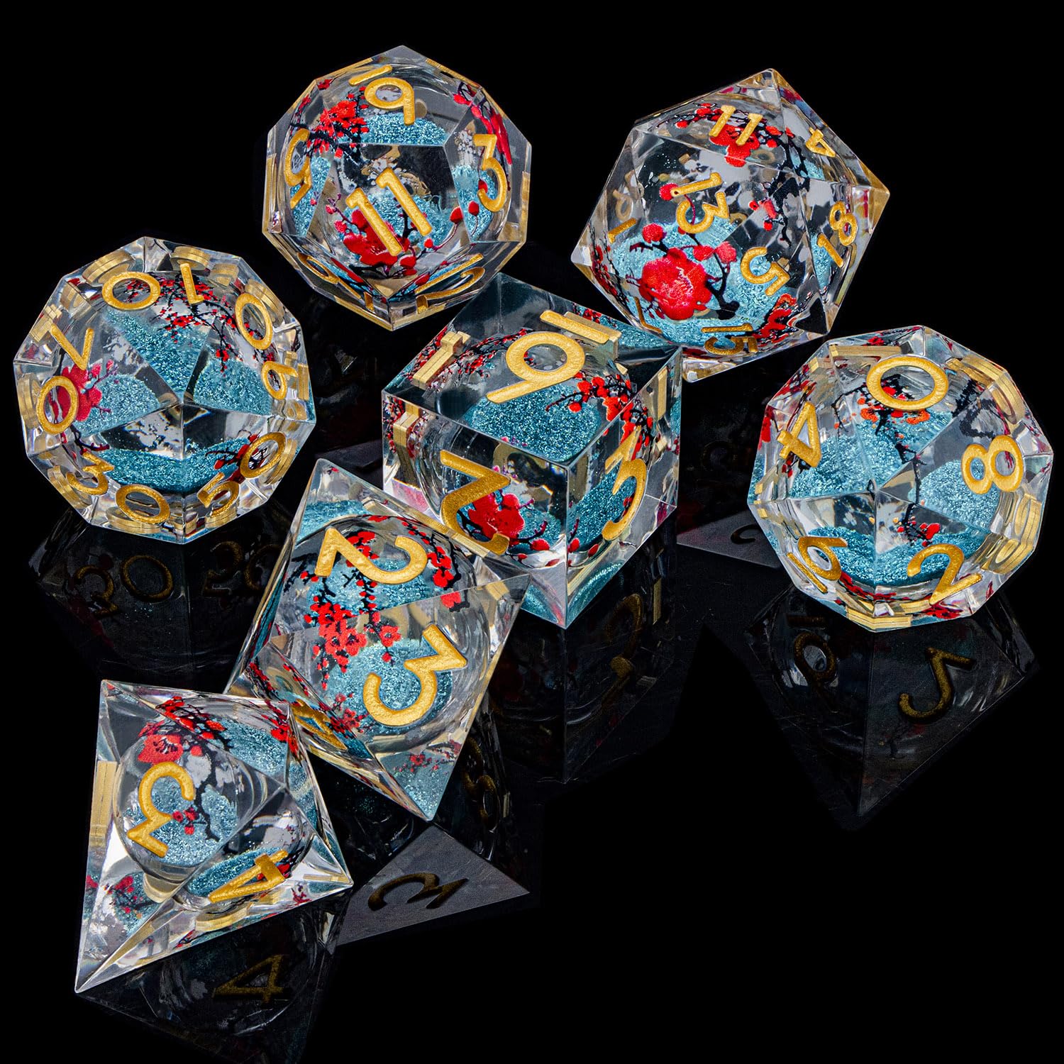 ARUOHHA DND Resin Dice Plum Blossom Liquid Core Dice Golden Blue Sharp Edged Polyhedral Dragons Dice Set with Gift Box, Dungeons D and D Dice Role Playing Game D20 D12 D10 D8 D6 D4