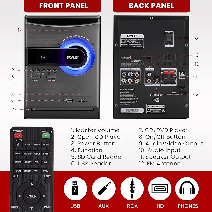Pyle Home Stereo Shelf System - 30W Wireless BT Streaming with CD Player, FM Radio, USB & SD Card Playback, 2-Way Music Crisp-Sound, Remote Control, Dual Stereo Speakers (Black), PHSKR24