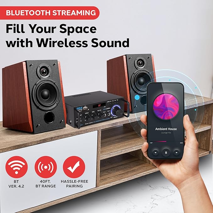 Pyle 200W Wireless Bluetooth Stereo Power Amplifier - 2-Channel Audio Receiver with RCA - USB - SD - MIC IN - FM Radio - Remote Control - AUX Input for Home Theater & Studio Use - PDA29BU.6